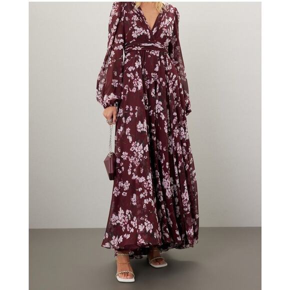 Mac Duggal Floral Chiffon Bishop Sleeves Gown Dress Burgundy Size 0 NWT - Picture 3 of 13